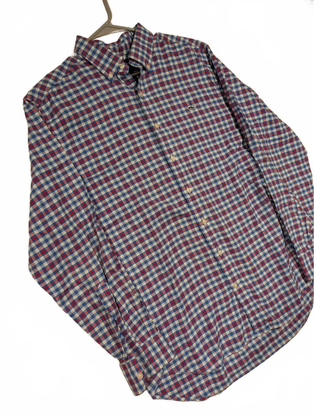 Vineyard Vines Slim Fit Whale Shirt Blue Red White Check Button Down Mens Large